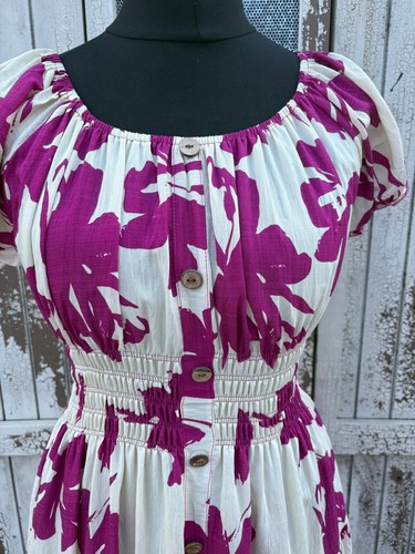 Ladies Summer Bardot Midi Dress –Bold Abstract Print (One Size 10-20) – Magenta - Picture 4 of 4