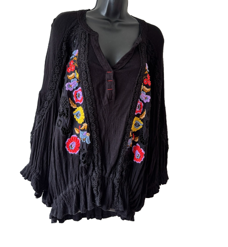 Free People Black Oversized Floral Embroidered Shirt Tunic Large Lace Boho