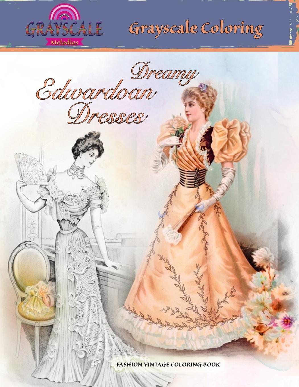Thumbnail - Dreamy Edwardian Dresses Grayscale Coloring. Fashion Vintage Coloring