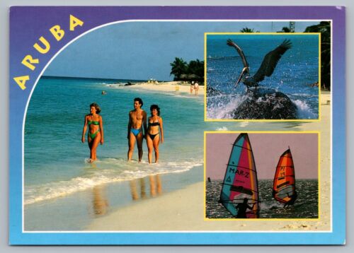 Aruba Multiview personnes marchant plage planche à voile pélican maillots de bain carte postale C2 - Photo 1 sur 2