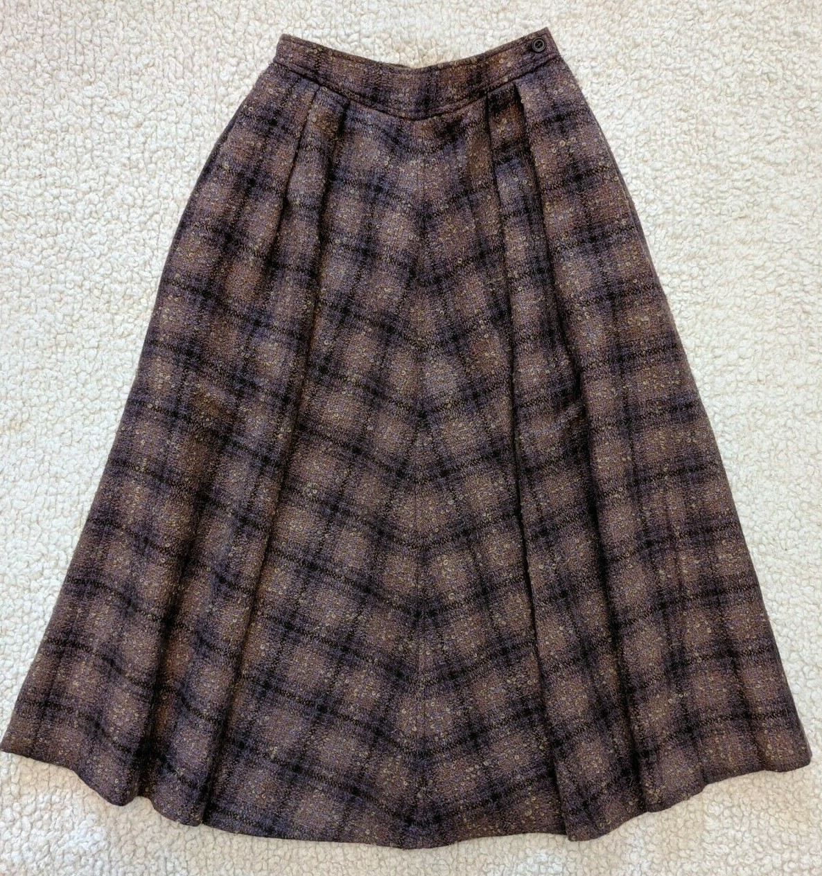 Vintage Jaegers Women Skirt Brown Pleated Midi A-Line Wool Made In England Size