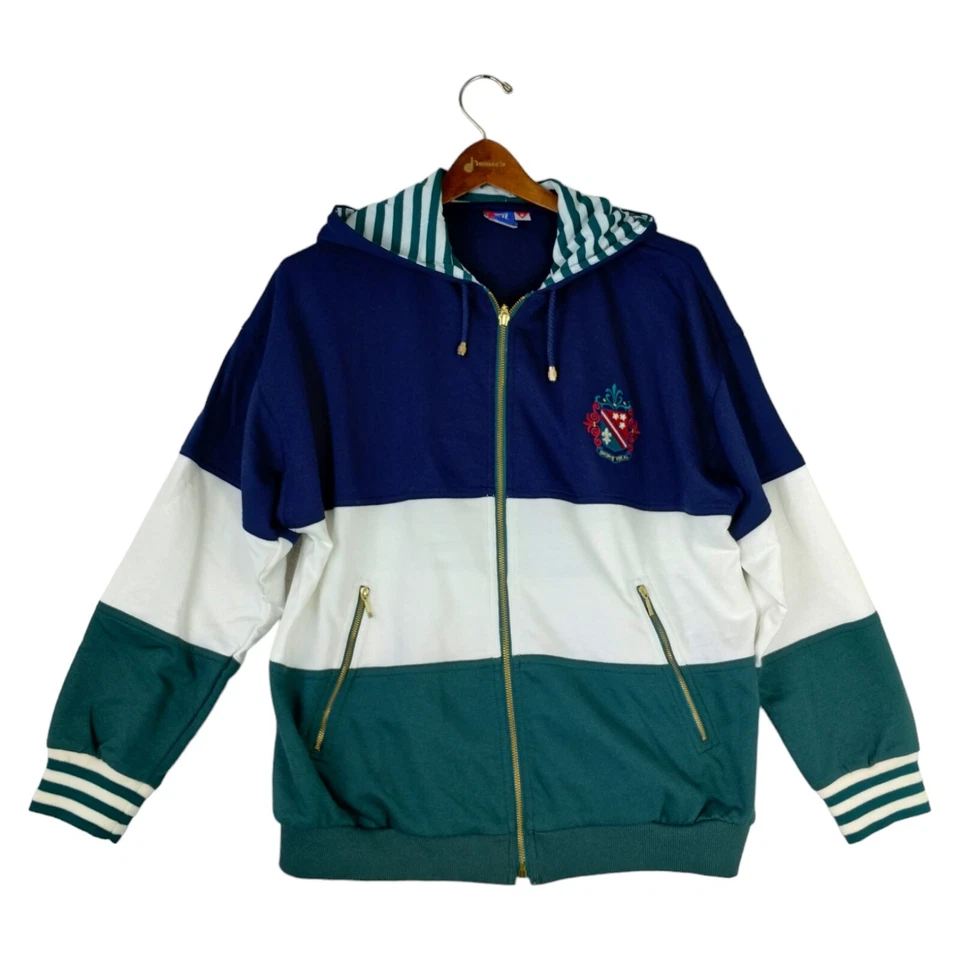 Sudadera con Capucha Deportiva Cola Vintage Mujer M Rayas Bloques de Color Cresta Manga Larga Cremallera Completa Foto 2 de 4