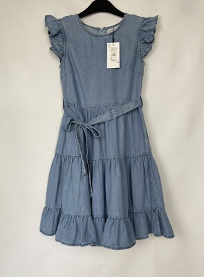 Primark Tiered Blue Denim Dress with Ruffle Cap Sleeve & Waist Belt size UK  4 | eBay UK