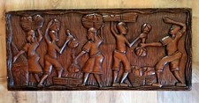Vintage Wall Plaque African Haitian Wood Hand Carved Art Rectangle 26.75"x11.5"