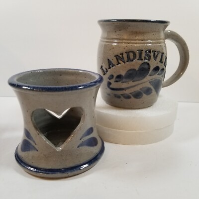 Mug Landisville PA Coffee Art Pottery & Heart Tea Light Salt Glaze Blue Floral