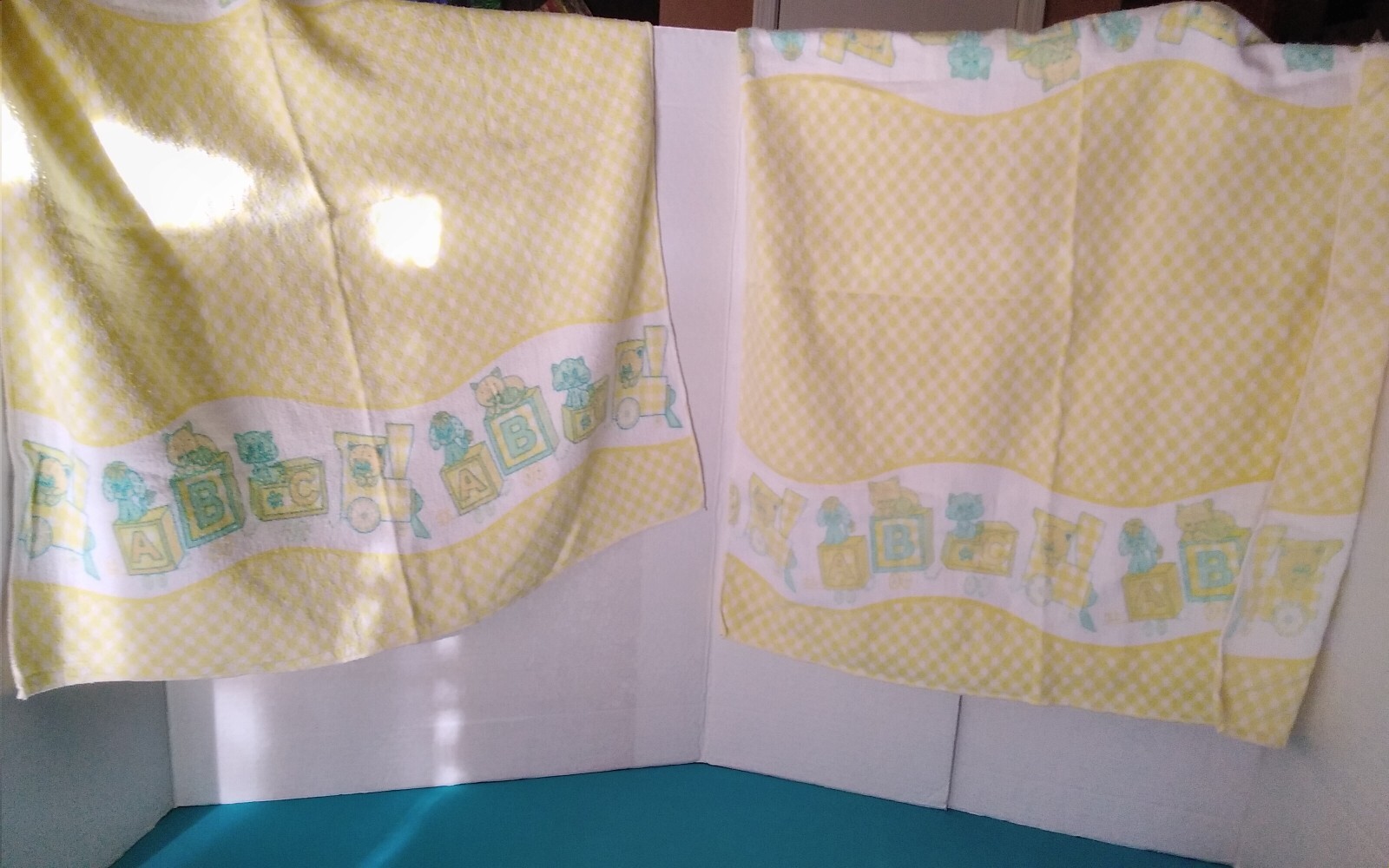 Baby Vintage Blanket Yellow ABC Blocks w/Kitties Set of two