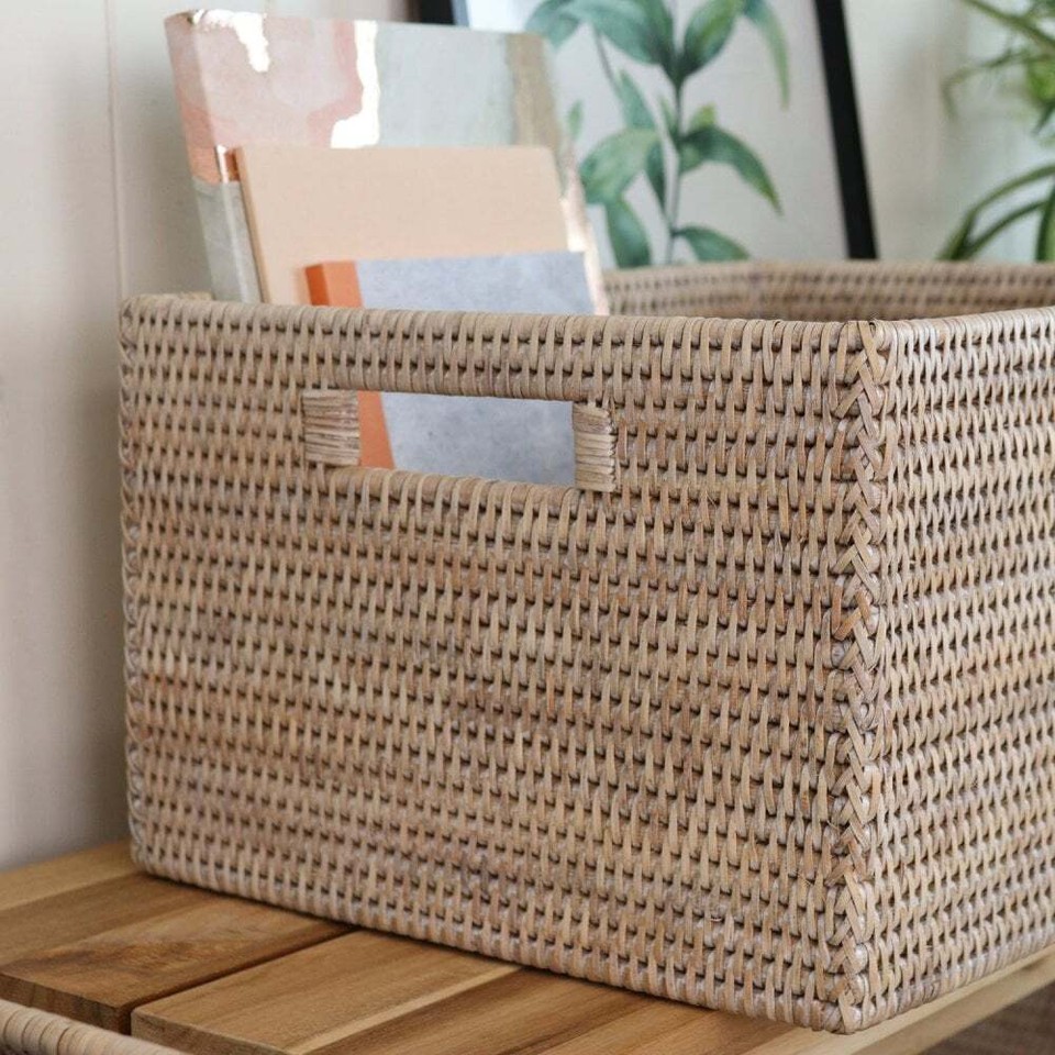 Rectangular Storage Basket Box Rattan Wicker Grey Home Kitchen Bathroom ...