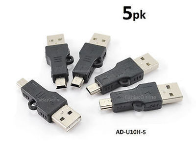 5-PACK USB 2.0 Mini-B 5-Pin Male to USB A Male Converter Adapter, AD-U10H