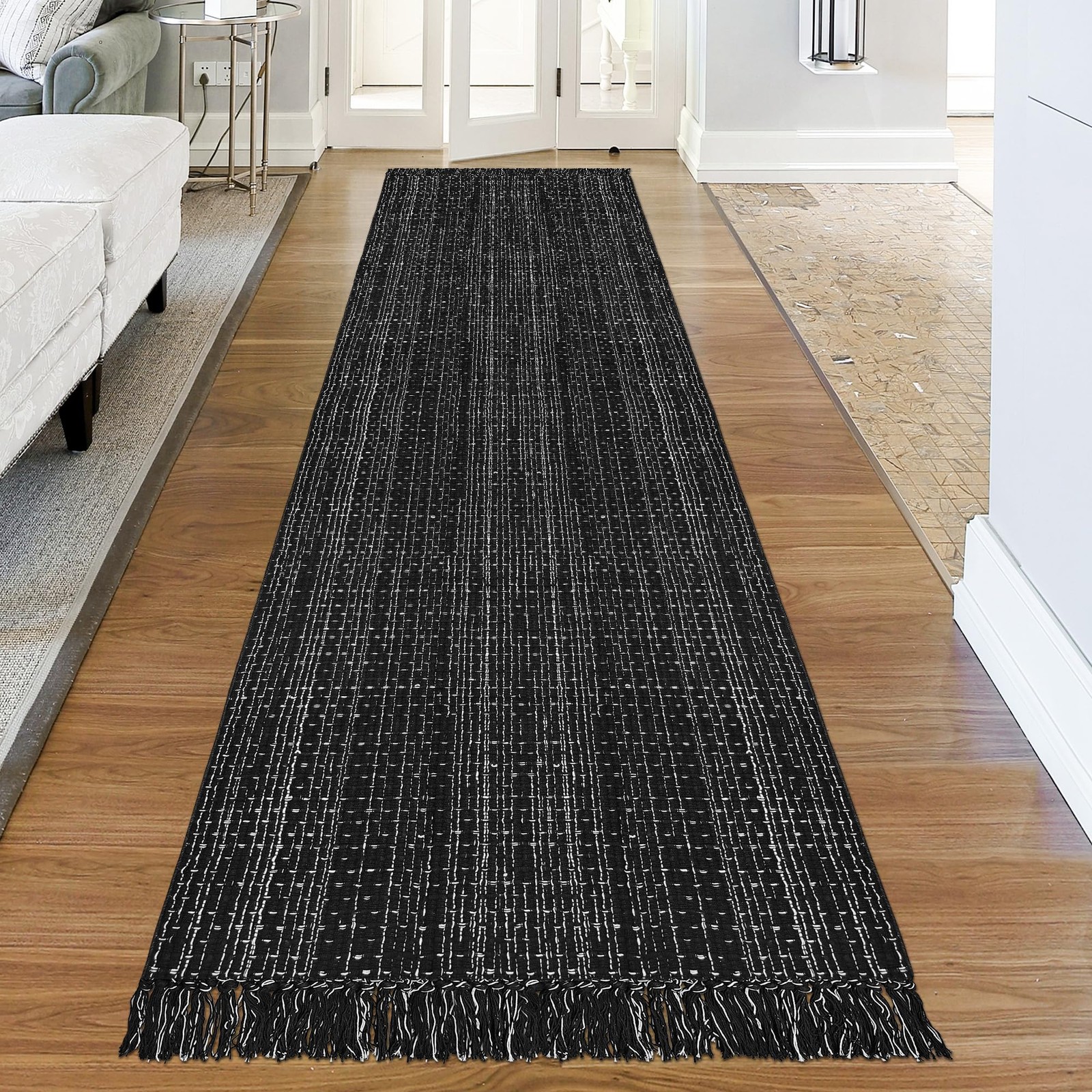 Black and White Striped Long Hallway Runner Rug with Tassels 3x10 Washable