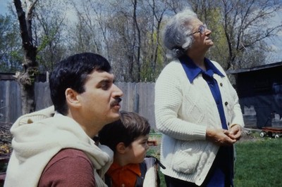 c1970's 35mm Slide, Portrait, Gathering, Suburban Backyard spring summer gray