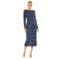 Mac Duggal 5988 Midnight Beaded Sequin Midi Dress Long Sleeve Size 10 498