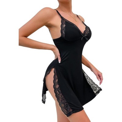 Sexy Side Split Floral Lace Trim Slip Nightgown Babydoll Lingerie Dress Thong