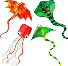 4 Pack Kites, Large Fire Dragon Kite Green Snake Devil Fish Red Mollusc Octop...