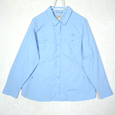 LL Bean Button Shirt Size Women's 1X Plus Blue No Fly Zone Sun Protection Roll