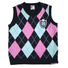 Monster High Kids Argyle Sweater Vest Black Pink Teal Size LG 8-10 V-Neck Knit
