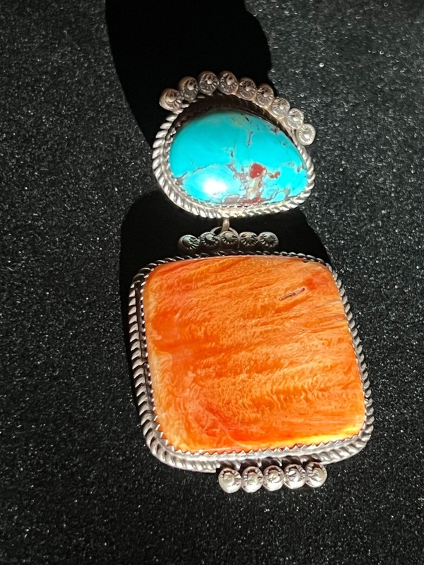 Silver, turquoise, coral signed Navajo B. Joe  Native American pendant Jewelry