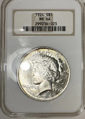 1924 Peace Dollar, Silver, MS 64, NGC Graded, Slab, Coin