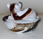 New ListingRARE VINTAGE Westmoreland Slag Glass Cat On Nest In Basket Covered Dish Brown
