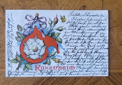 Coat of arms litho Rosenheim Upper Bavaria, city coat of arms, roses, butterfly 1900 used