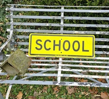 TRAFFIC ROAD SIGN SCHOOL YELLOW ALUMINUM RETIRED 8 3/4" X 24" DECOMMISSIONED