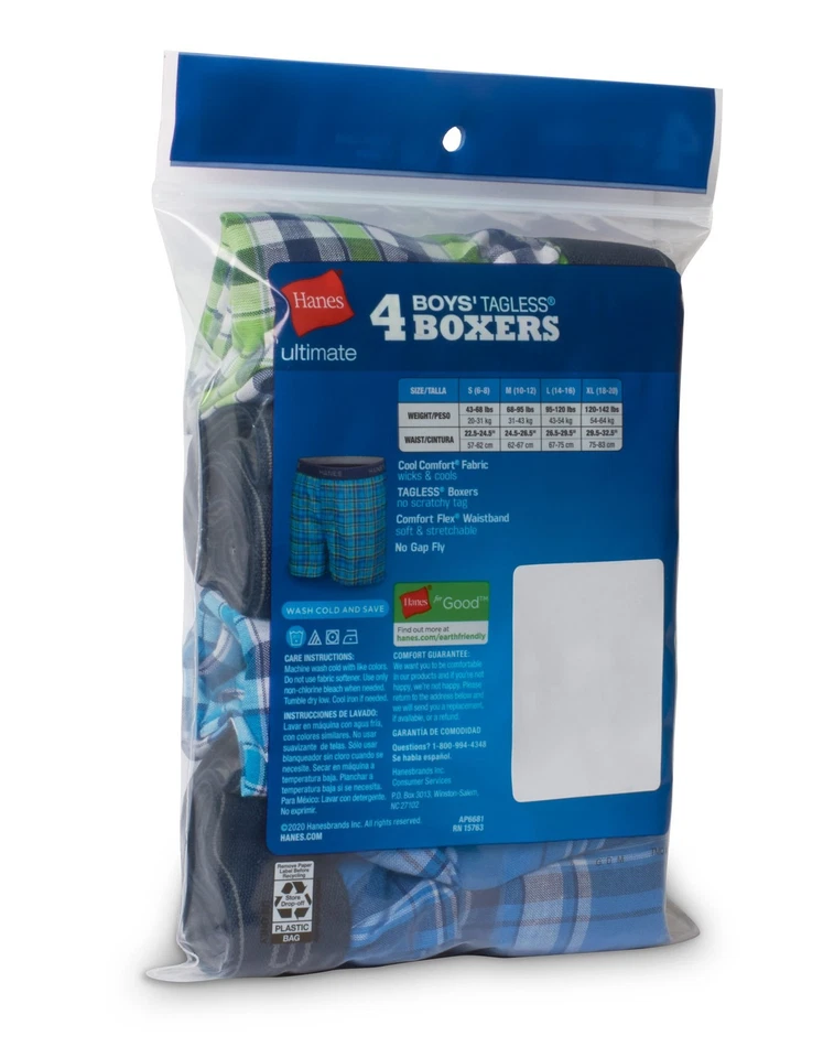 Paquete de 4 calzoncillos boxer Hanes Ultimate para niños tejidos cómodos suaves cintura a cuadros S-XL Foto 2 de 4