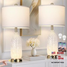 26" Modern Clear Glass Table Lamps Set of 2,Nightstand Lamp with USB A C White