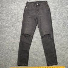 American Eagle Mom Jean Womens 4 Long Black Distressed Ripped Knee Strigid Denim