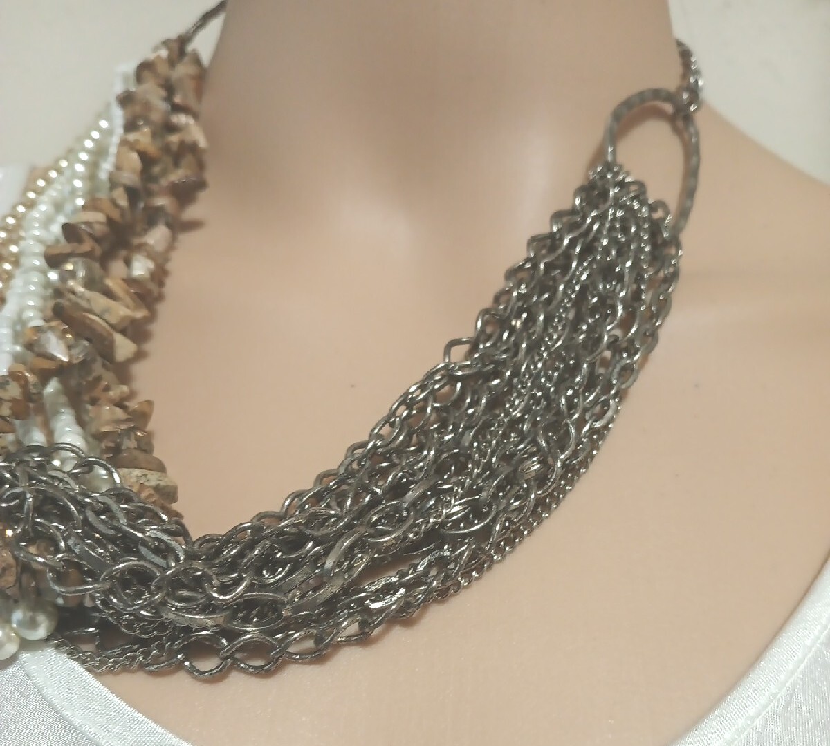 Multi Layered Statement Necklace Chains, Faux Pea… - image 7