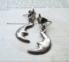 Vintage Moon and Star Post Earrings Antiqued Silver Celestial Jewelry Charms