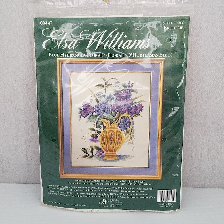 Vintage Elsa Williams Blue Hydrangea Floral 00447 Crewel Embroidery Kit