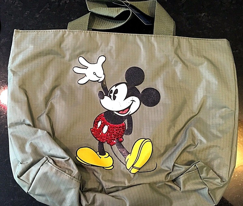 Disney Sequin Mickey Mouse Khaki Green Large Vinyl/Nylon Zipper Close Tote Bag