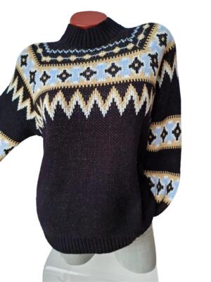 Schöner Oversize Pullover NORWEGER MUSTER STEHKRAGEN 36 38 40 42 W schwarz camel