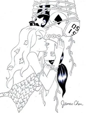 POISON IVY AND HARLEY QUINN KISS ORIGINAL COMIC ART 11 ON CARD STOCK