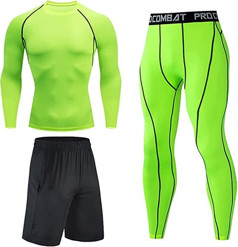 Mens GYM 3 piece Compression Running Set Rashguard Base Layer shorts Leggings - Picture 2 of 16