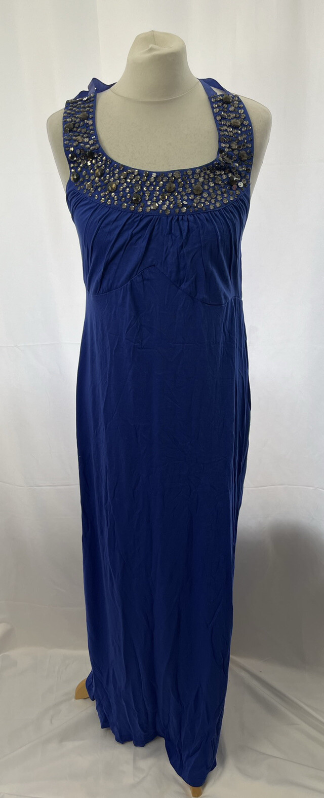 Blue Viscose Studded Neckline Maxi Dress Size 14 Sleeveless Elegant Boho