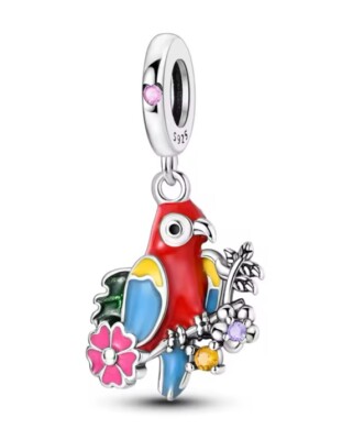 Sterling Silber Charm Bunt Papagei Vogel Perle Anhänger für Armband Geschenk S925