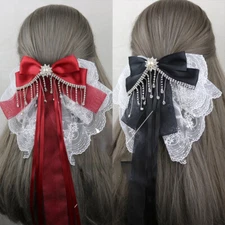 Ladies Girls Lolita Hair Clips Rhinestone Lace Bow Beaded Cosplay Wedding Party
