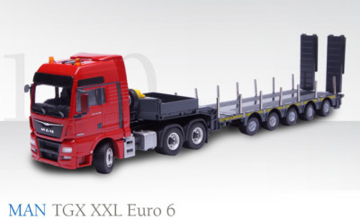 NEW Conrad 76172 MAN TGX XXL Euro 6 Tractor w/5-Axle Doll Low Loader 1/50 MIB