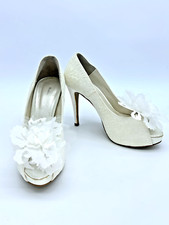 Women  s White Bow Wedding Heels Size 8 Open Toe Bridal Pumps High Heel Shoes