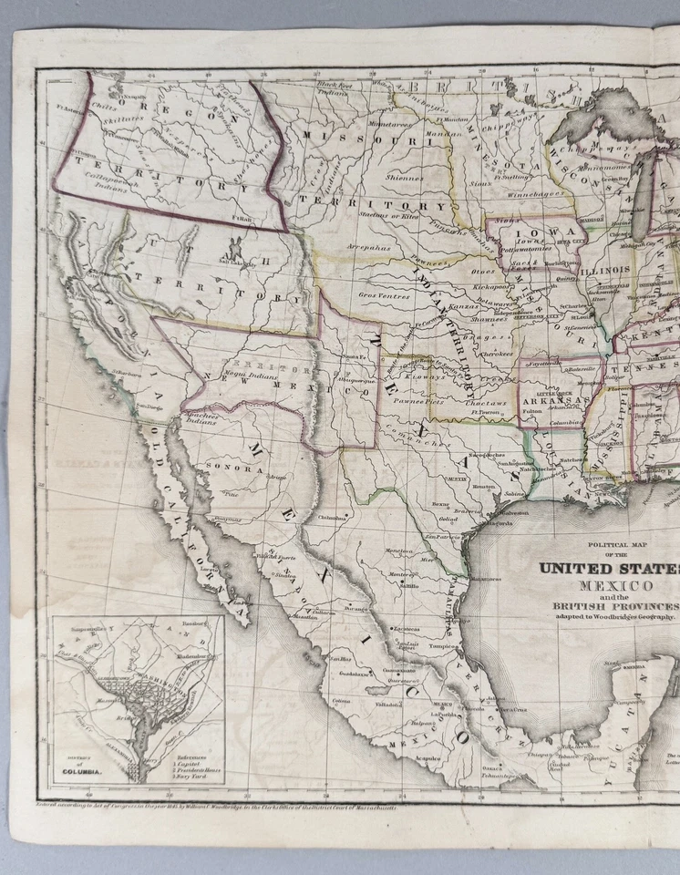 Antique 1845 William Woodbridge Color Map United States Mexico British Provinces - Image 2 of 4