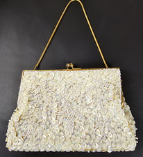Beaded Clutch Purse Evening Bag Hand Made in Hong Kong MCM Sequin Ivory 7"x4.5"