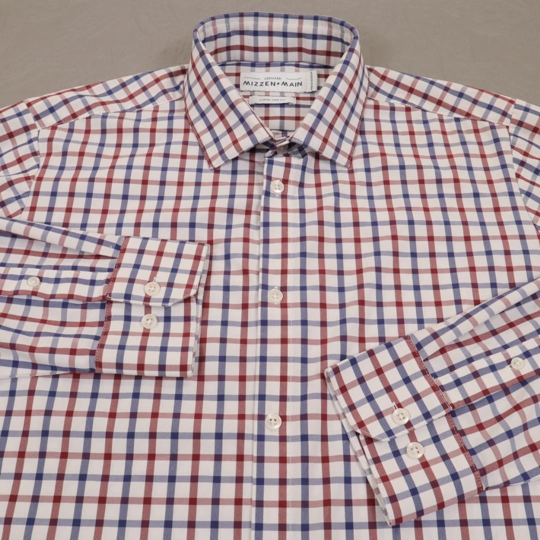 Mizzen+Main Shirt Mens Large White Red Blue Check Long Sleeve Leeward Trim