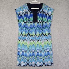 Laundry Dress Women M Blue Multicolor Wave Stripe Cap Sleeve Split Neck Shift
