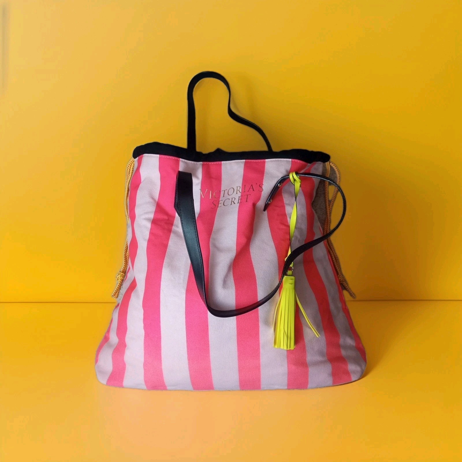 Victoria's Secret Neon Pink Striped Canvas Drawstring Tote with Tassel Handle