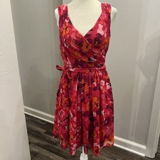 Express Pink Red Floral Faux Wrap Sheath Belted Dress Sz 0 Zipper (A0126)