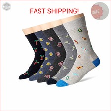Amazon Essentials Men's Comfortable Patterned Cotton Crew Dress Socks, 5 Pairs,