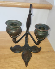 Antique Tiffany Studios Fleur-De-Lis Double Candle Holder Stick w/ Inserts