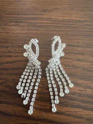 Vintage Silver Tone Rhinestone Chandelier Tassel Earrings Costume Jewelry