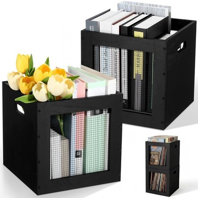 2 Pack Stackable Wood Storage Bins with Metal Wire and Handles 11X11X11 Inch 22l