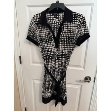 Chaps Geometric Grid Black White Slinky Stretchy Belted Dress XL